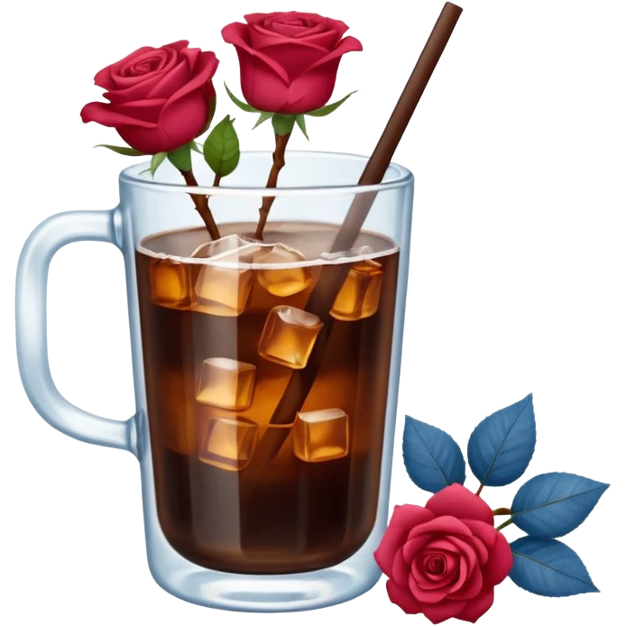 Cold brew coffee with mini roses denim and small size mini glas cup with ice cubs emoji