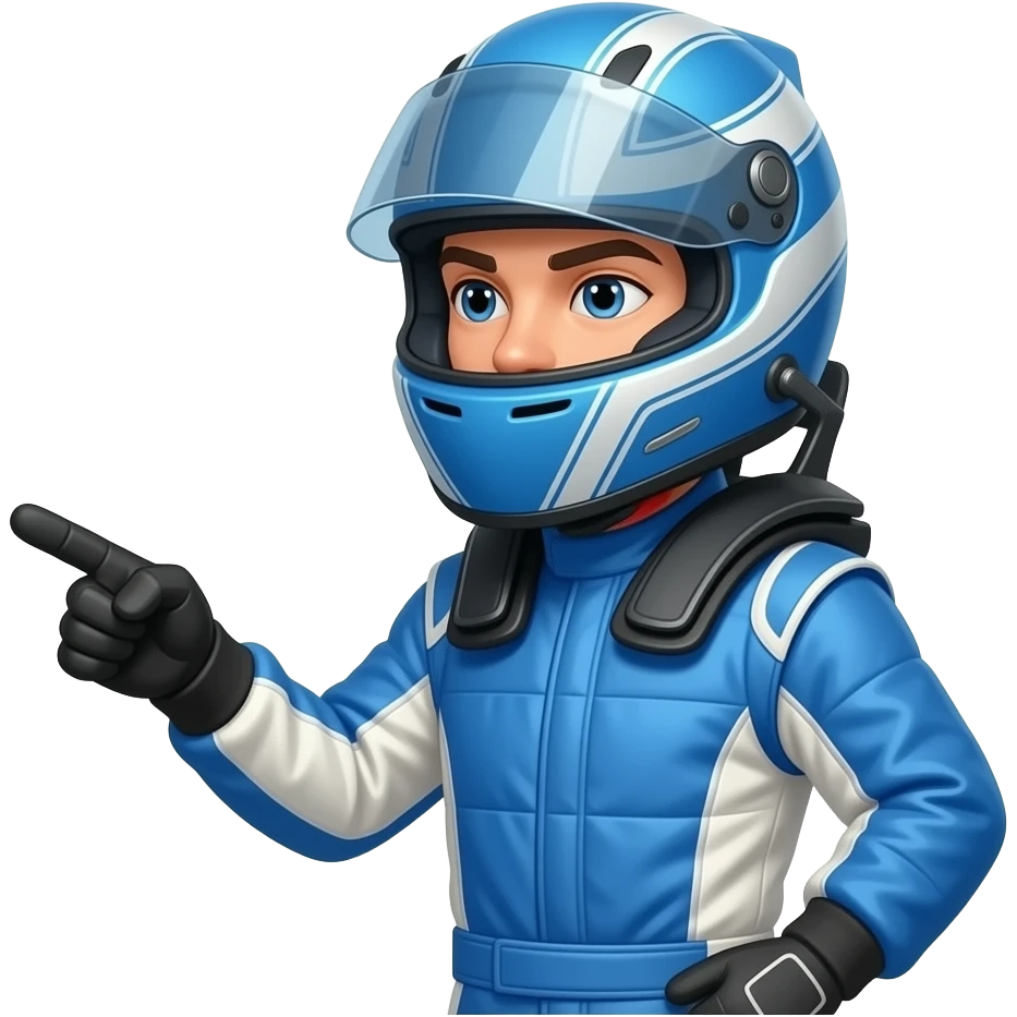 f1 racer posing with blue costume, using blue costume and helmet, side pose and pointing emoji
