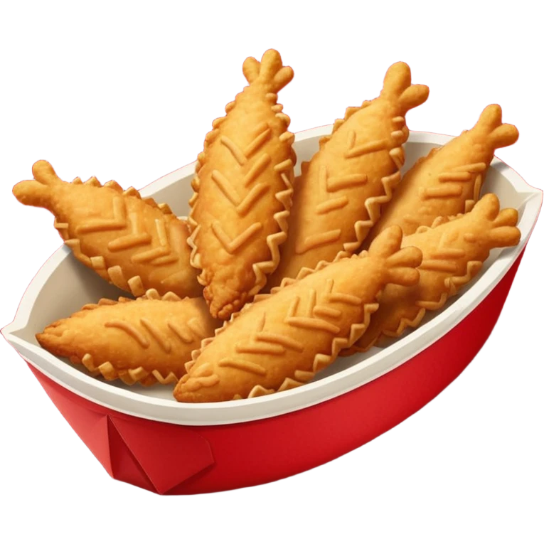 5 breaded chicken tenders of varying sizes and shapes in a red paper food boat emoji