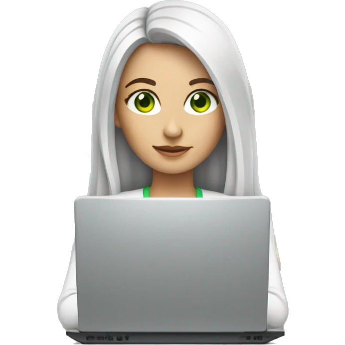 Female coder featuring a laptop. She has long hair, green eyes, white skin. emoji