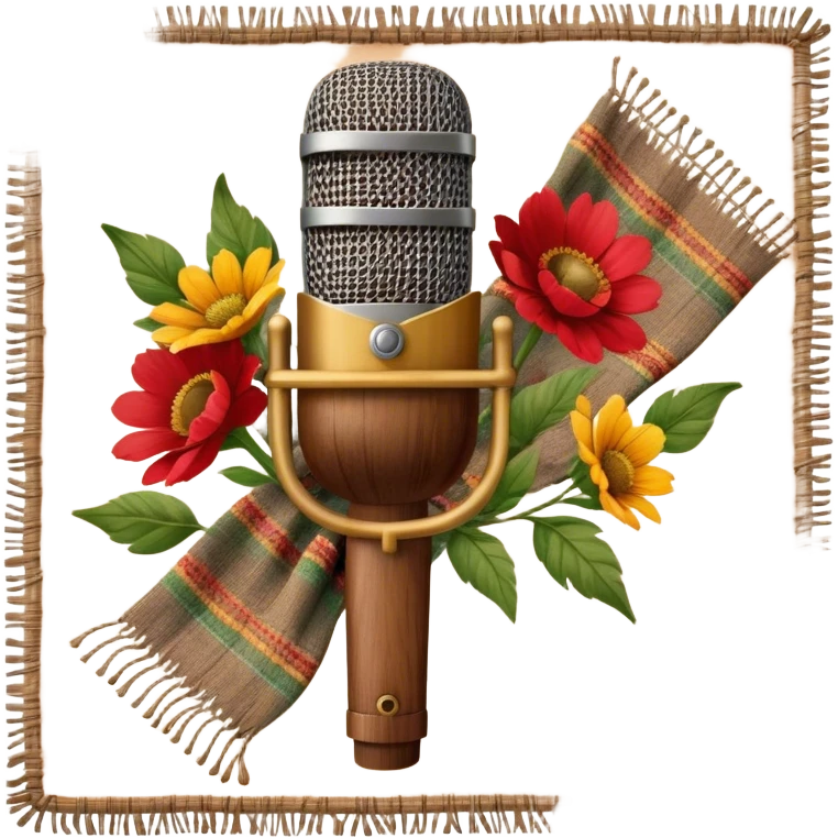 Create a traditional and warm emoji representing folk singing, using a humanless collage. The design should feature a rustic wooden microphone or an old-fashioned folk instrument like a balalaika, gusli, or a domra, placed alongside traditional elements such as a hand-woven scarf or a wooden flute. Include natural, earthy details like wildflowers, musical notes, and rustic textures, evoking the feeling of folk music in its purest form. Use warm, earthy colors like brown, gold, red, and green to create a cozy and organic vibe. The background should be transparent. emoji
