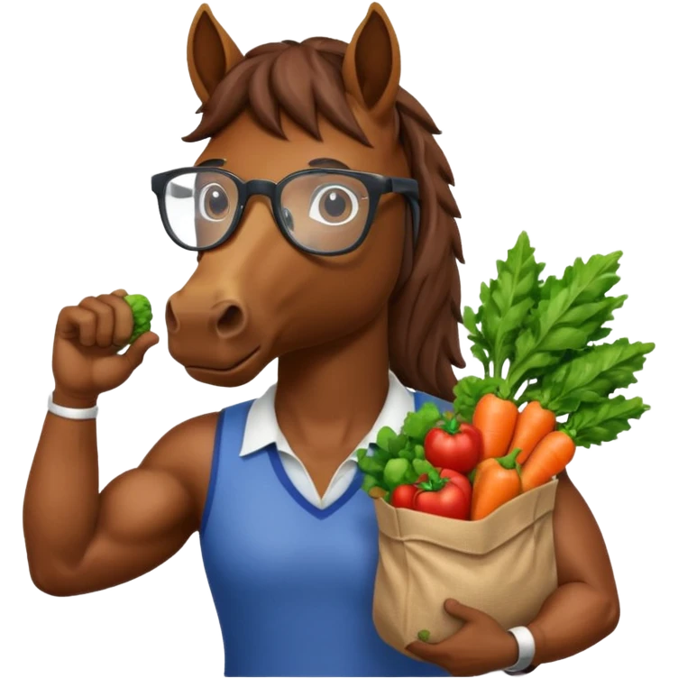 horse with glasses and holding vegetables bag emoji