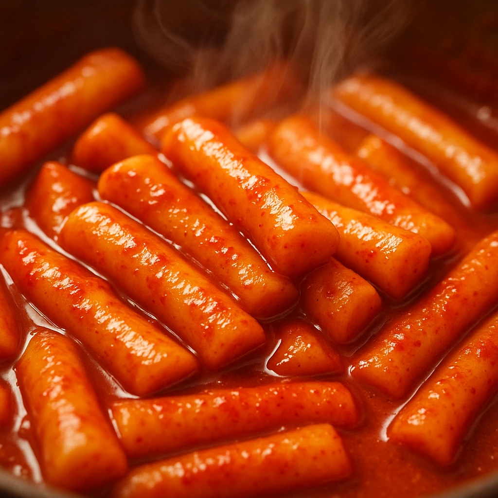 tteokbokki, spicy Korean rice cakes, vibrant, appetizing, close-up, steam rising emoji