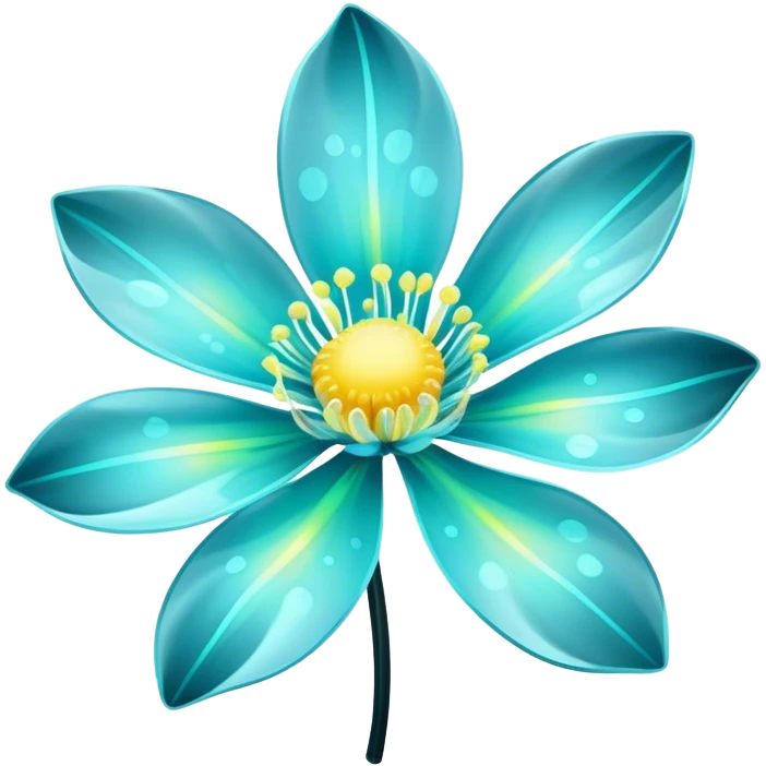 Pastel black and cyan iridescent transparent bio-luminescent flower with yellow spots emoji