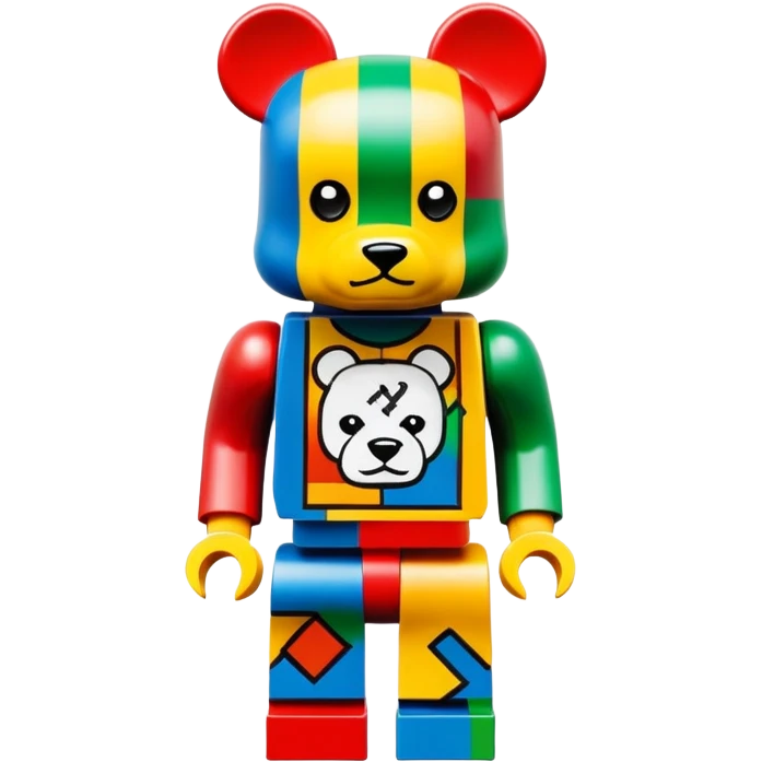 Lego style hustler bearbrick toy figure with X symbols for eyes, blocky Lego aesthetic, graffiti prints emoji