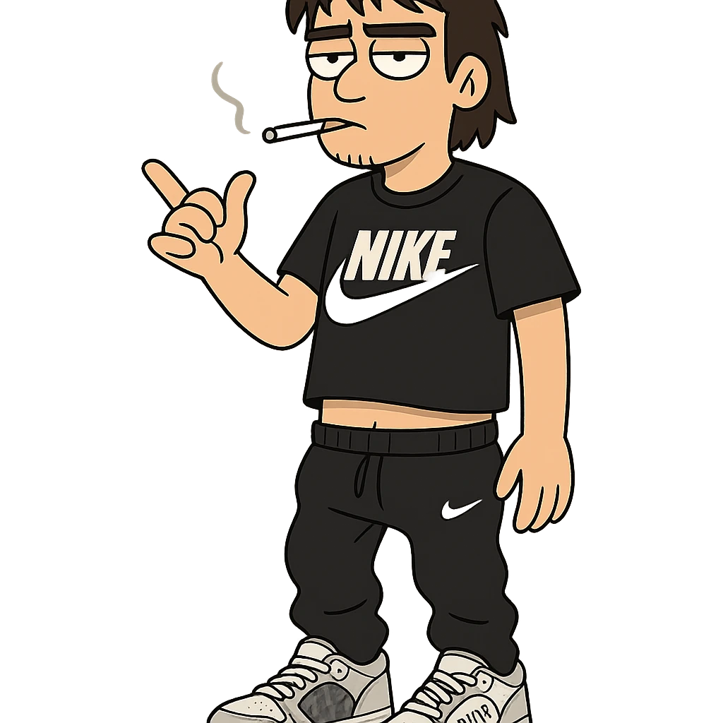 chico moreno cartoon with eyebrow-length bangs, wearing a black Nike t-shirt, black Nike pants lowered, white Dior sneakers, urban flow emoji