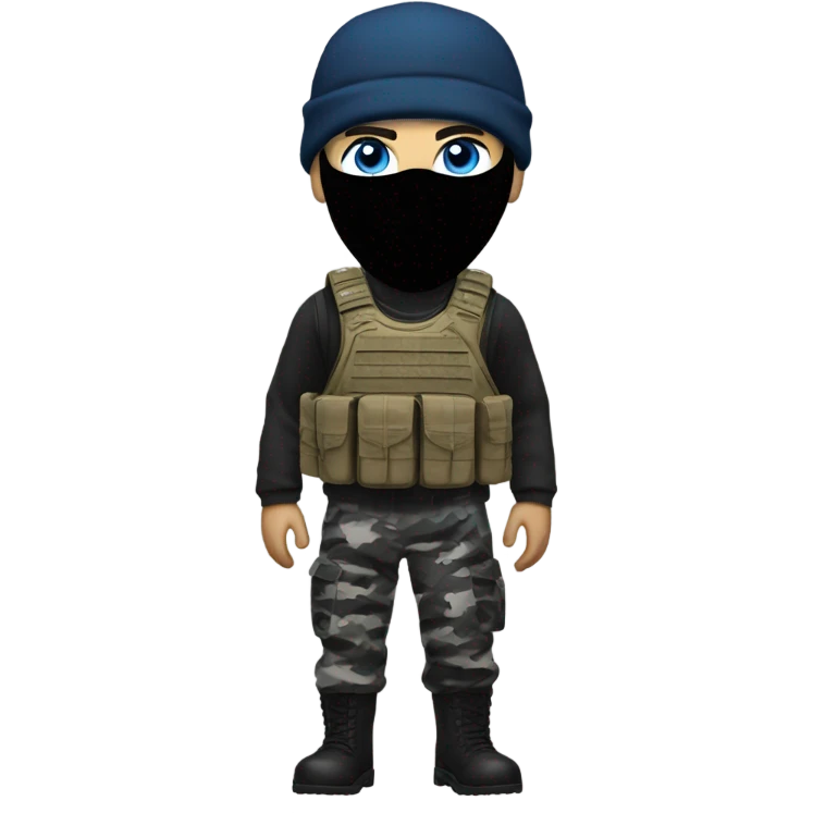 White male, call of duty black mask, camo tactical gear, camo pants, combat boots, black beanie, blue eyes emoji