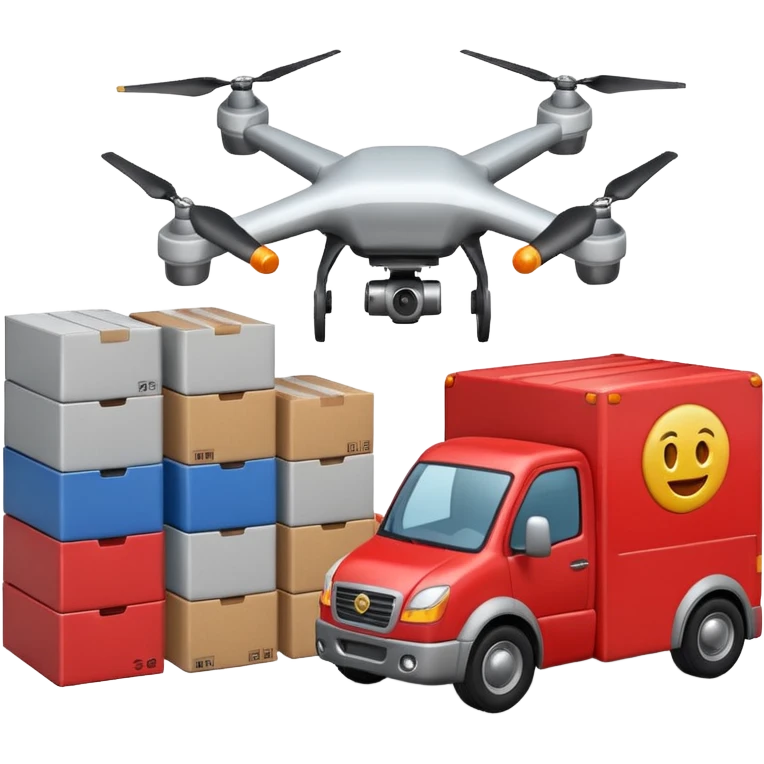 create a realistic emoji showing logistics in different ways. Maybe a car, a storage room, a place where everything is stored, drones and so on emoji