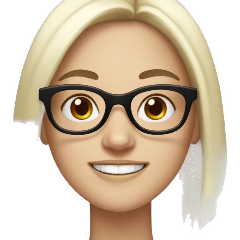 white skin girl smiling, long black hair, black oval glasses emoji