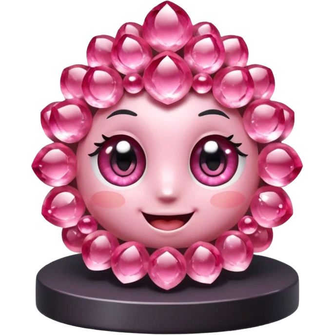 A single cute pink crystal cluster character, chunky round base with many tall rose-pink crystal quartz cluster imperfect, on the front of the base a kawaii face with big shiny eyes and a happy open smile very shiny emoji
