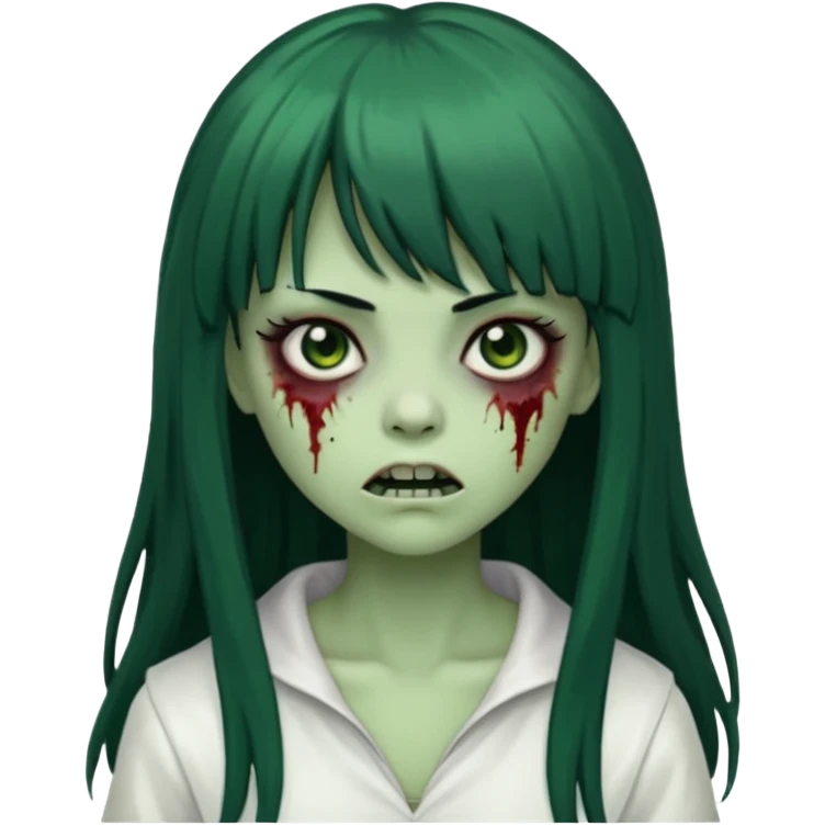 uma garota zumbi assustadora da pele verde e com cabelo preto longo com franja e a roupa branca emoji