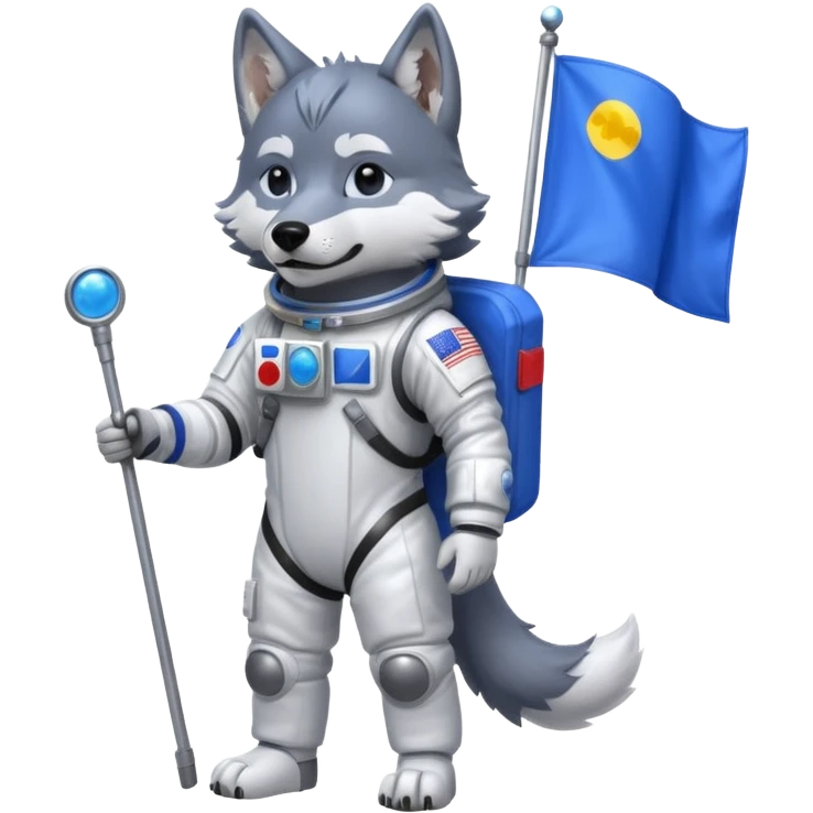 a wolf in space suit, holding blue rectangle flag, full body emoji