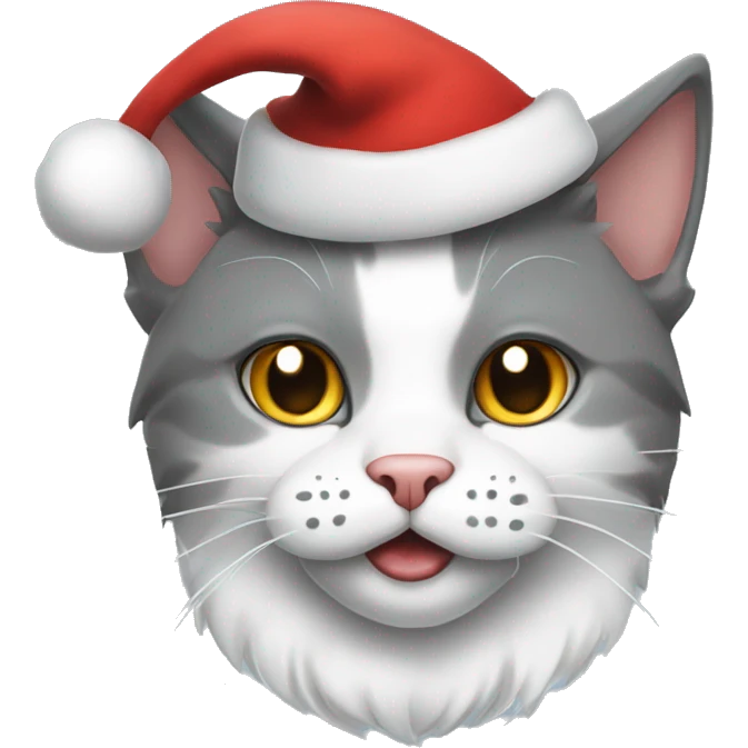 Gray and white cat with a Santa Claus hat emoji