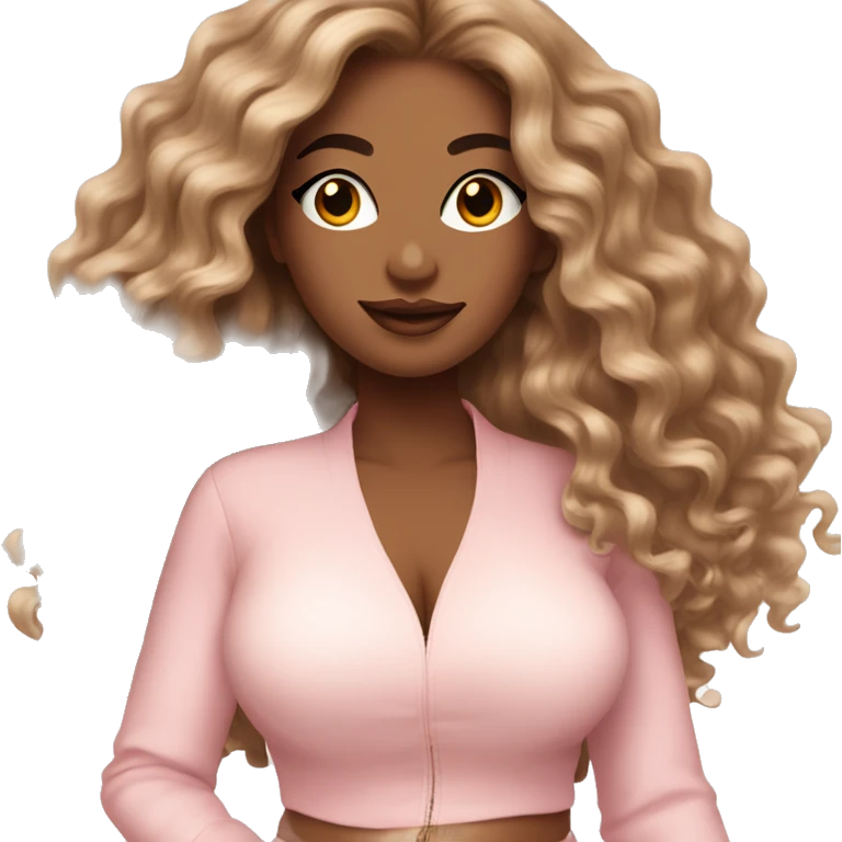 beauty influencer with long textured hair, curvaceous body and light pink clothing emoji