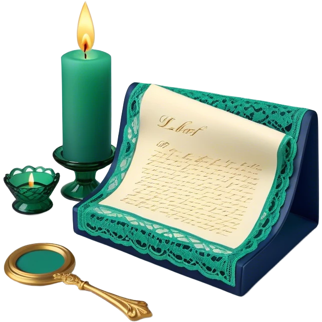 A nostalgic still life of a lace-adorned love letter in deep green, placed beside a vintage glass candle in navy blue. emoji