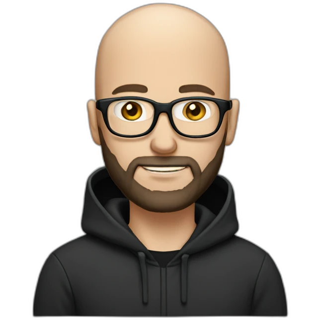 bald white man with glasses and a black beard typing on apple computer wearing a black hoodie emoji