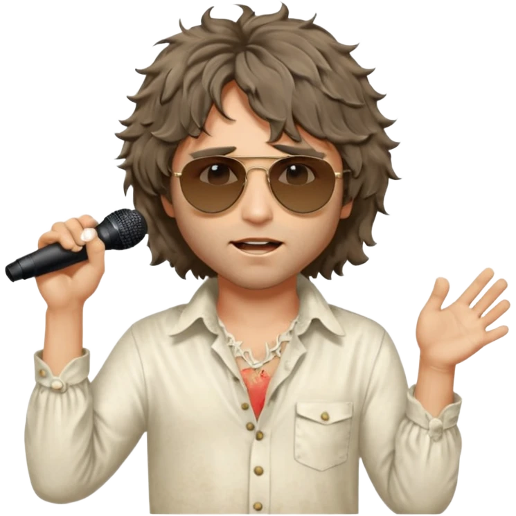 cinematic realistic - messy, shaggy aged Jim Morrison in an ivory Victorian shirt, singing in a trance on stage, wearing Ray Ban sunglasses emoji