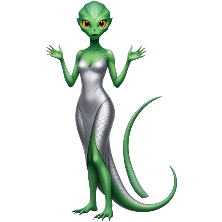 Green Alien reptilian woman without a tail, in silver dress, full figure, yellow eyes emoji