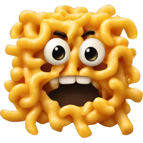 Monster made of macaroni and cheese with an evil face emoji