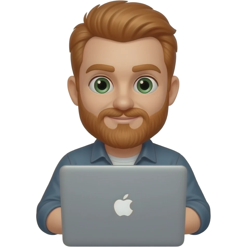40 year old, Redheaded, beard male, green eyes, working on macbook pro, heads down emoji