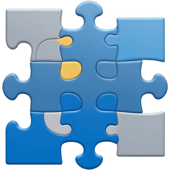 Minimal flat-style puzzle piece emoji in blue and grey, professional design for business presentation, clean edges, modern corporate aesthetic emoji