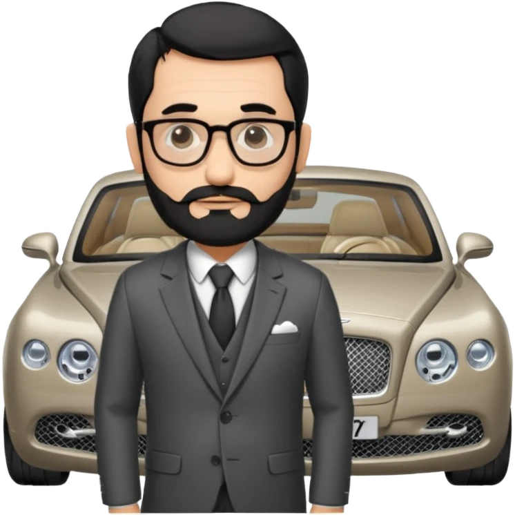 Professor Bentley Dyed black gray hair  frencb beard graying indian guy in suit with a bentley car. Older look with glasses slight balding emoji