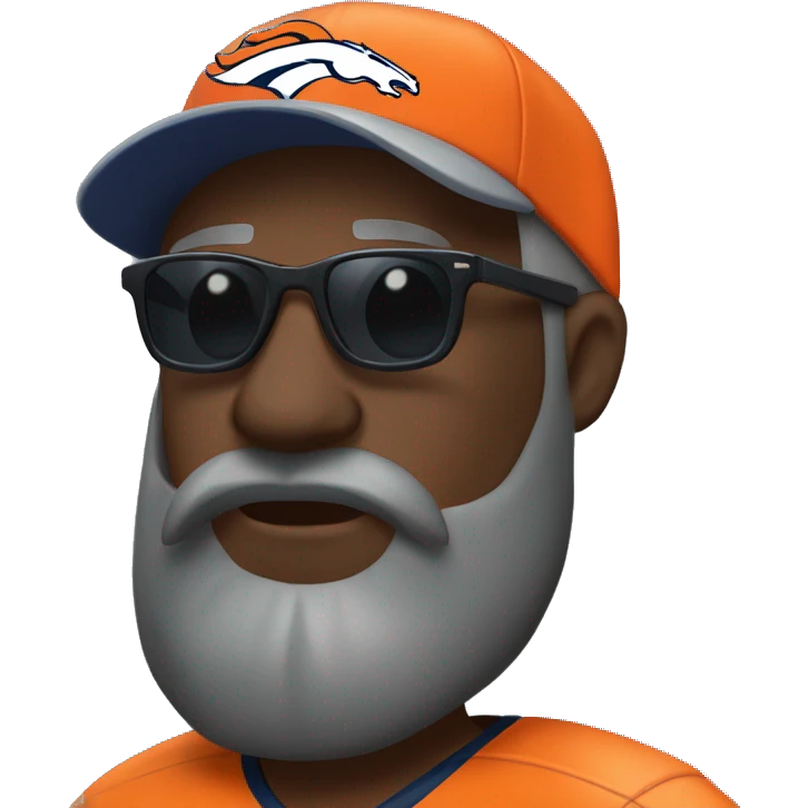 Bald black guy head only dark grey long beard wearing Denver broncos cap and Jersey and sunglasses  emoji