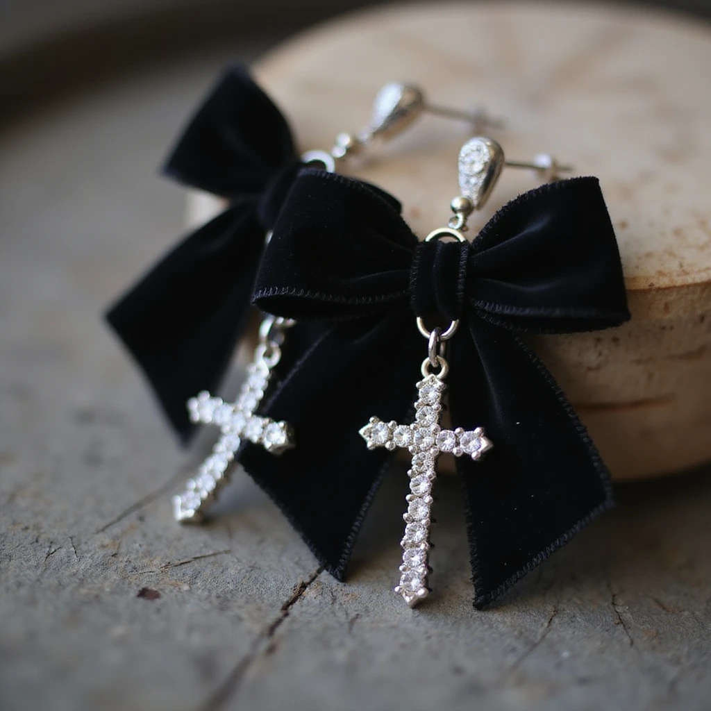 realistic goth earrings, black velvet ribbon with silver cross, soft texture, elegant gothic emoji