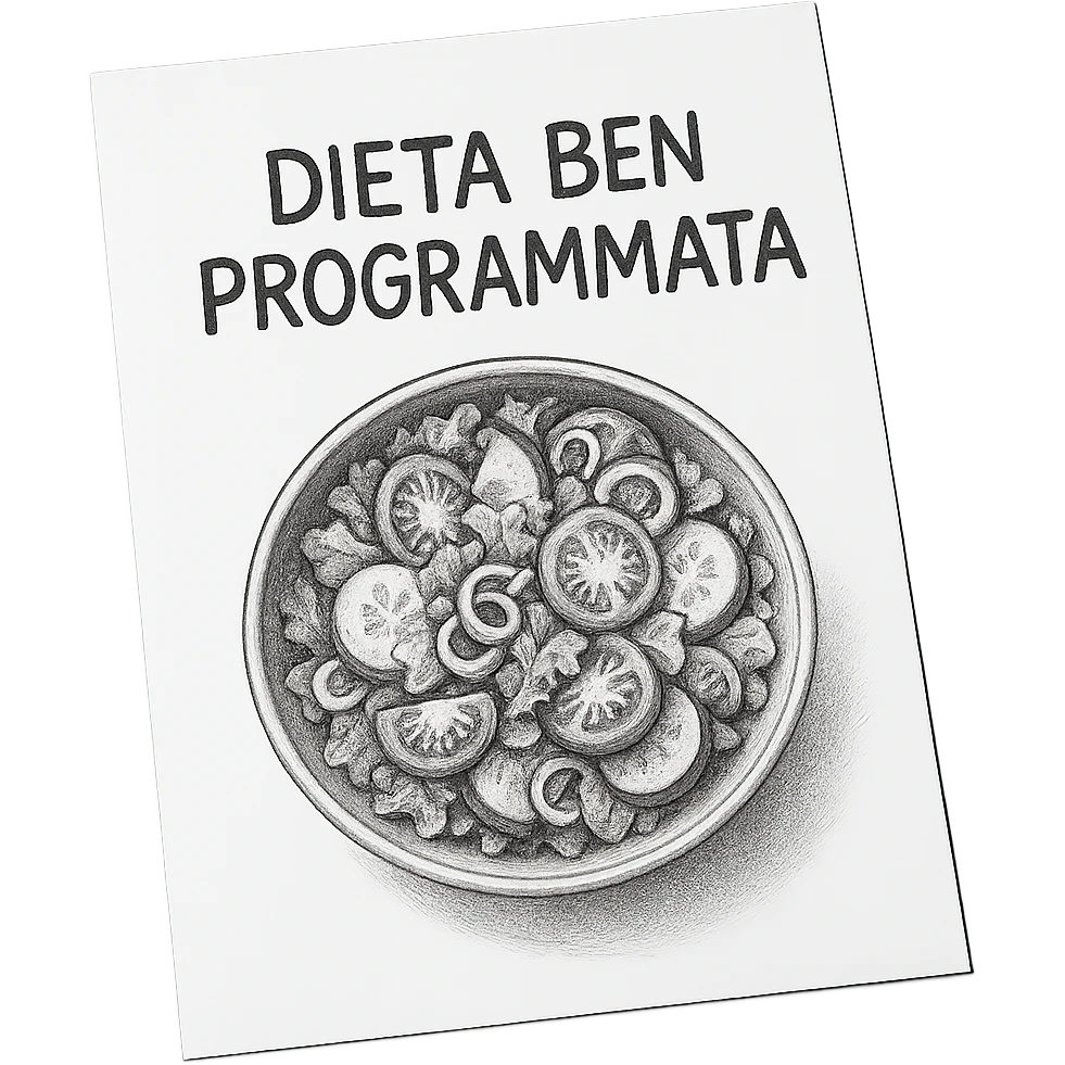 hyperrealistic 4K top view of a white sheet of paper with a bowl of salad drawn on it and the text 'DIETA BEN PROGRAMMATA', no background emoji