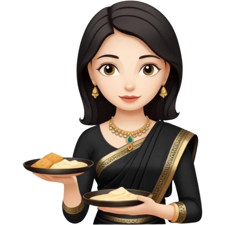 Russian girl in Indian black saree with full image from head to leg and holding a cream colour small tray in her both hands emoji