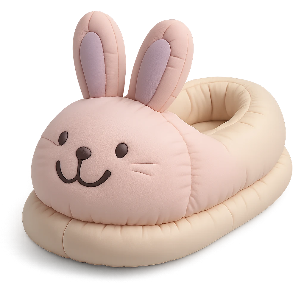 single bunny slipper with a big smile, soft and puffy look, pastel colors, cushion style emoji