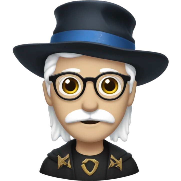 man with white skin,hair is straight and black, a black mustache, glasses, with a magic hat, ravenclaw emoji