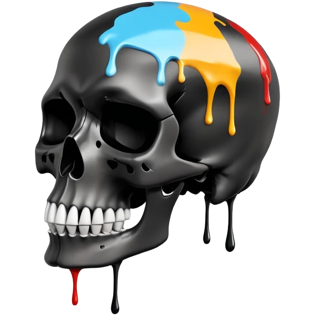 smooth black skull with street art colors and brand logos painted within the skull's surface, minimal paint drips that don't extend past skull outline, angled view emoji