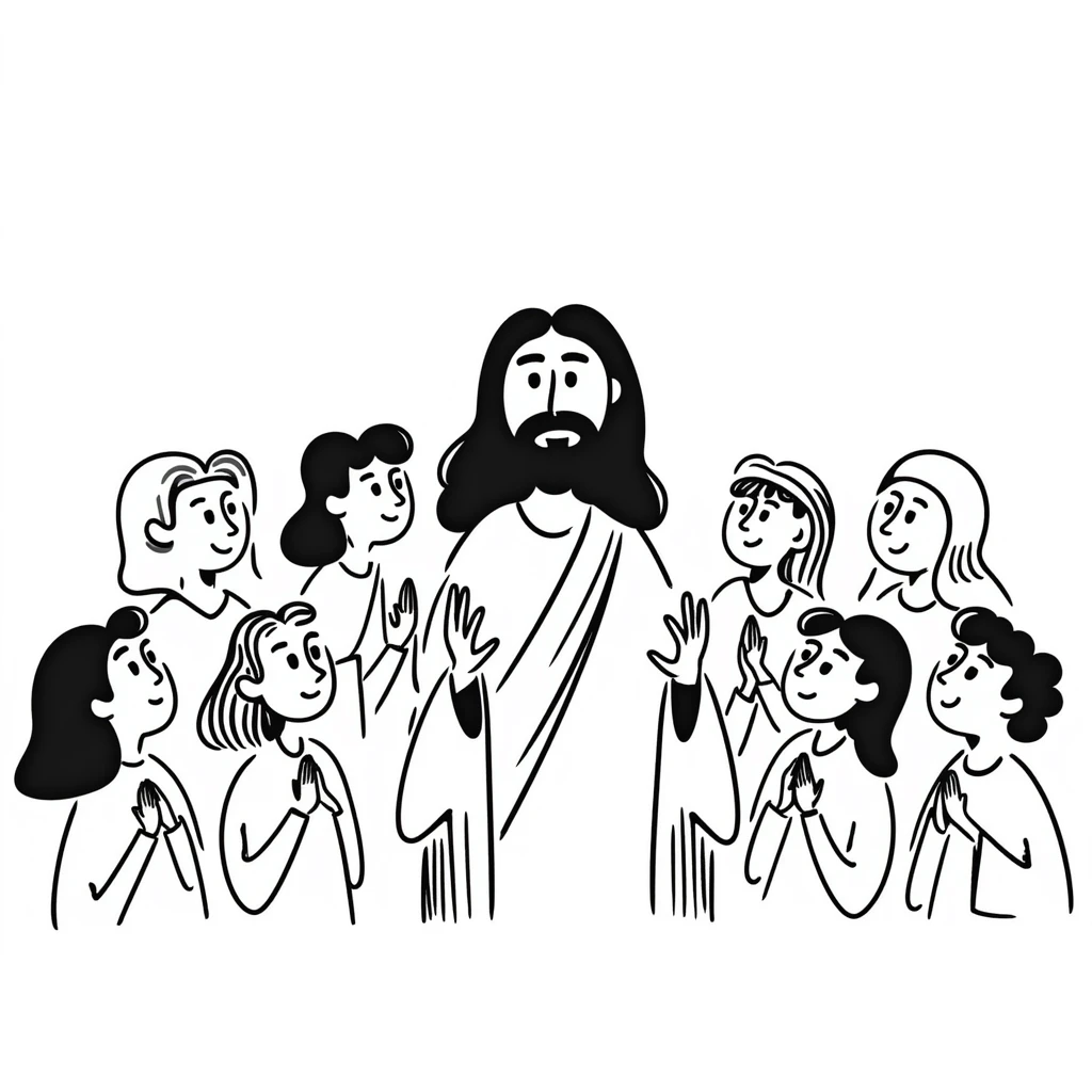 Jesus surrounded by his disciples and followers, peaceful gathering emoji
