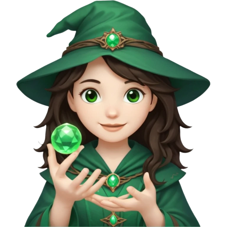 A teen brunette mage with tousled hair, holding a tiny glowing orb and smiling confidently. emoji