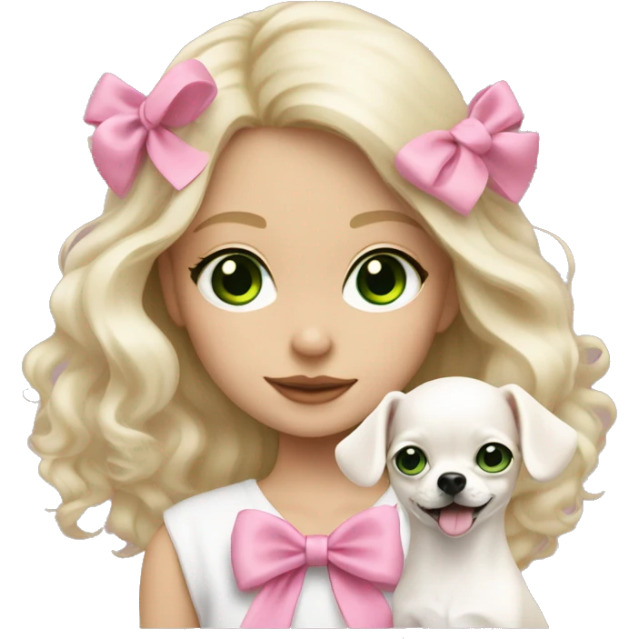 pale blond girl with wavy long platinum hair with green eyes holding a white chihuahua puppy that wearing a pink bow emoji