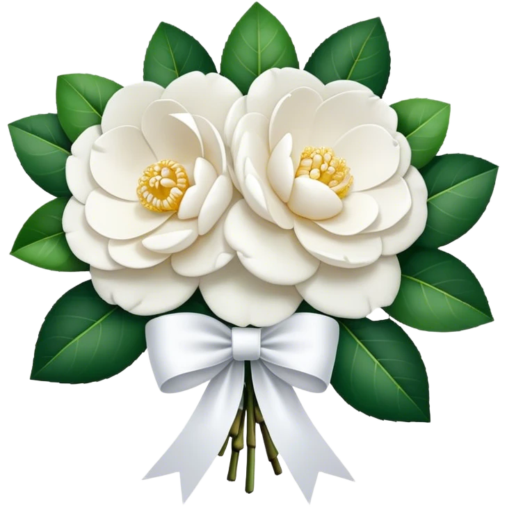 A bouquet of pure white camellias，with elegant white ribbon emoji