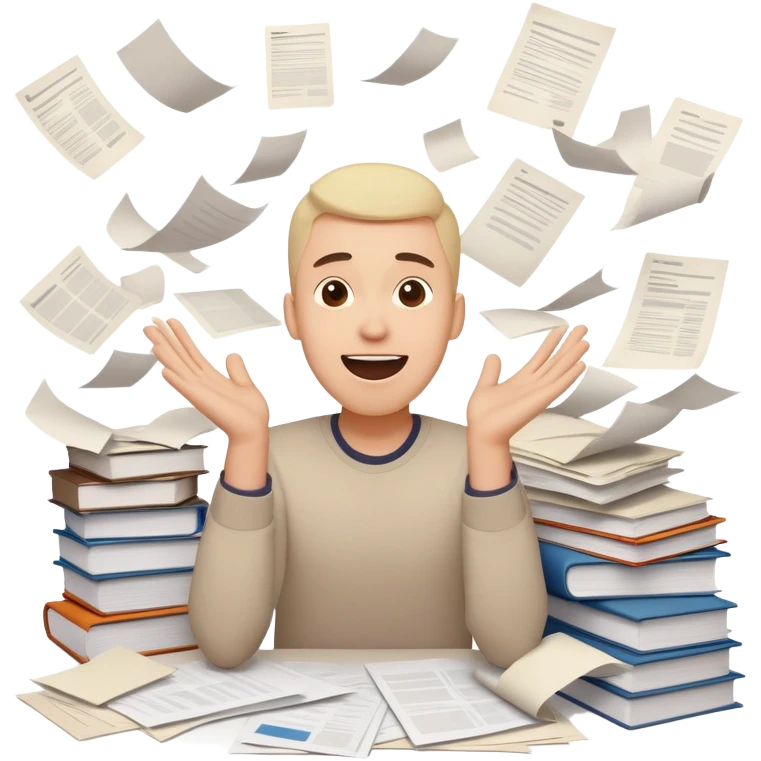 A person with a happy excited face but also looking stressed and overwhelmed, papers flying everywhere, surrounded by work items, half celebrating success and half panicking about deadlines emoji