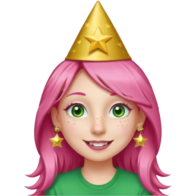 A girl with long pink hair and green eyes with long eyelashes and a smiley face. She has freckles and a lit of bit of pink lipstick on her mouth, she’s also got a full gold birthday party hat on her head with gold pom poms on top of it, and her T-shirt is all red, she wore gold star earrings  emoji