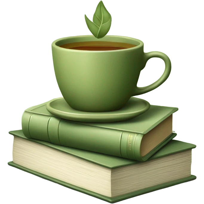 Sage green and olive green stack of books with a cup of tea on top emoji