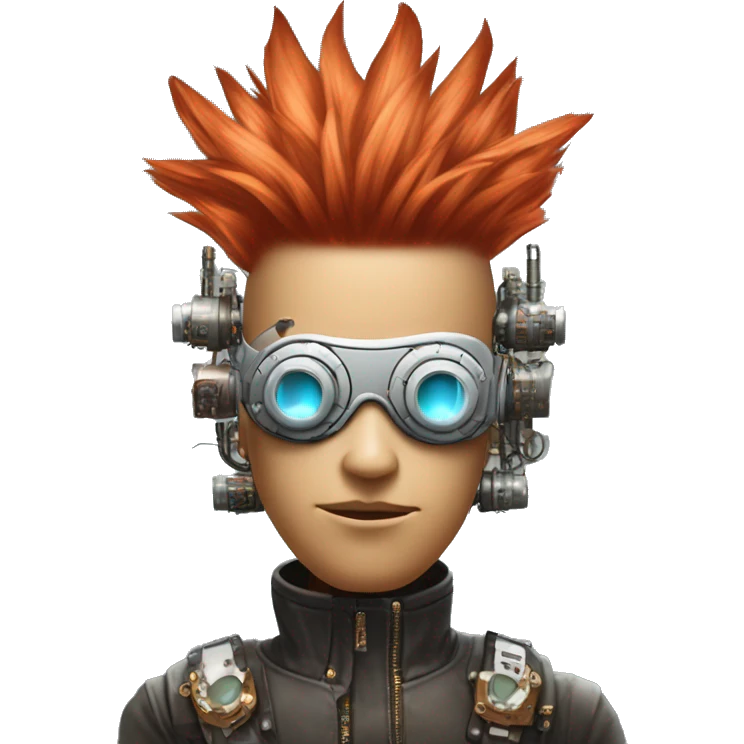 Light red Mohawk hair male cyborg head with white steampunk goggles and circuits emoji