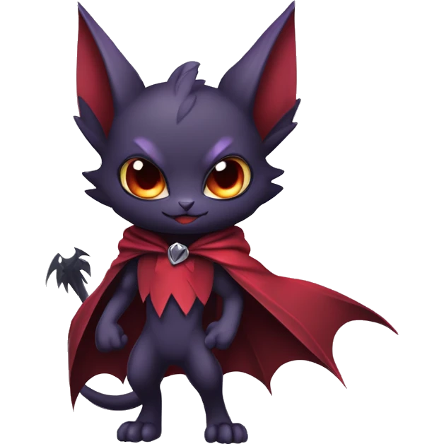  Black Red Purple Chibi Kawaii Edgy Cool Cute Vampiric Demonic Beautiful Noivern-Nargacuga-Litten with big Bat Ears and wearing a cape and collar full body emoji