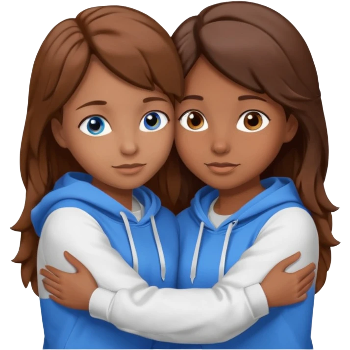 two Girls, Brown and Blonde hair, with Blue Eyes hugging one has Brown hair cute Hug another Version  Both Blue eyes and white hoddies Brown haired emoji
