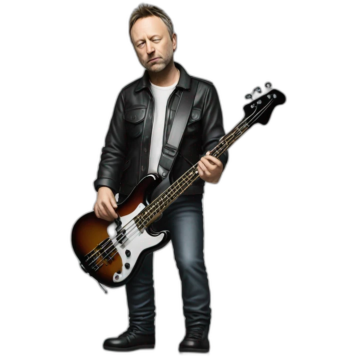 photo realistic Peter Hook from Joy Division, playing bass guitar, standing, full body front view emoji
