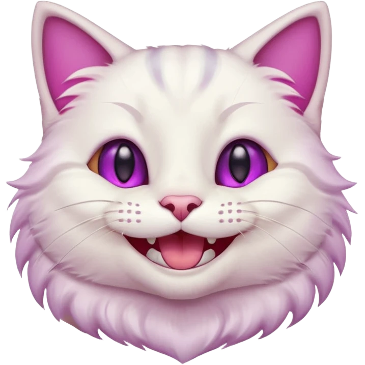 White cat wide mouth happy smiling with teeth showing, very light pink inner ears, magenta purple eyes, looks like discord's :smiley_cat: emoji, male looking emoji