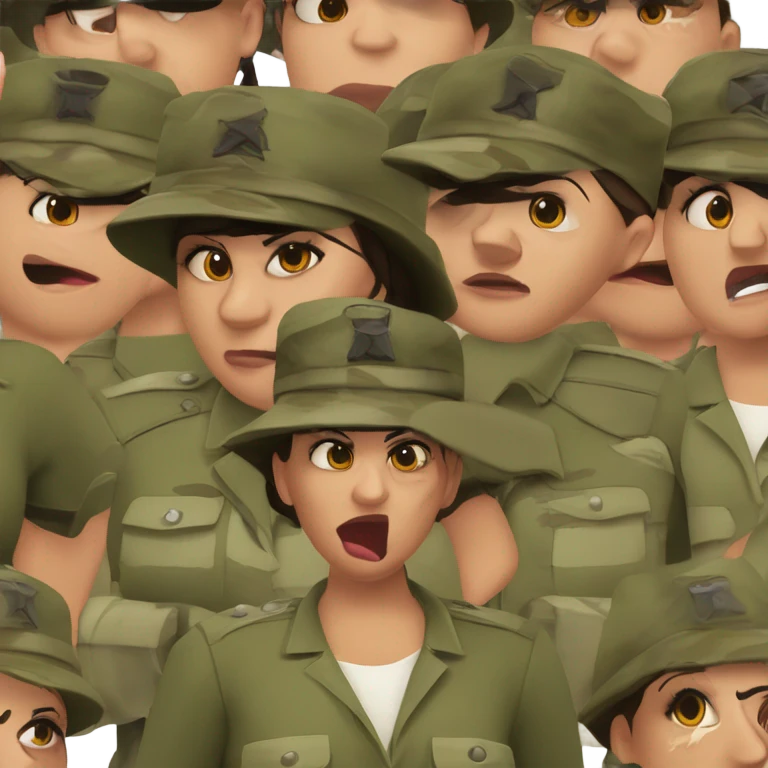 a female drill sergeant showing full torso wearing a classic sergeant hat and a camouflage army shirt. The character should have an angry intense expression.  emoji