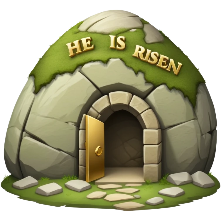 An empty tomb with stone rolled away and "He is risen" text emoji