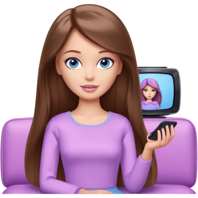 beautiful barbie girl with long brown hair, blue eyes and wearing light purple clothes watching tv shows emoji