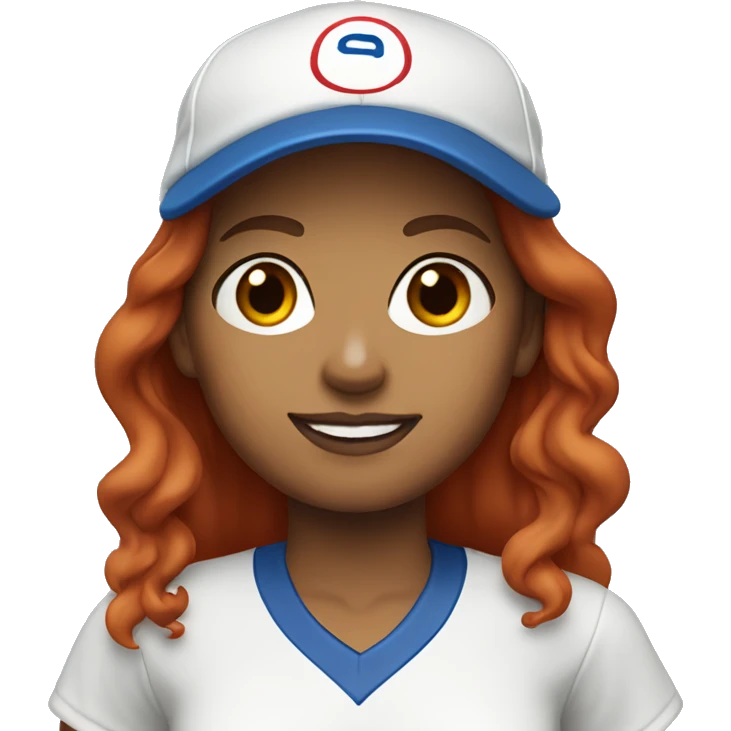 front facing standing up female coach with long red hair, wearing a white t-shirt and a simple baseball blue hat emoji