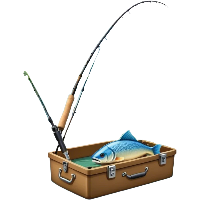 Icon for Fishing Travel: a boat on a calm lake surrounded by mountains and lush greenery, with fish jumping out of the water, a fishing rod, tackle box. The icon should capture the peaceful and adventurous nature of fishing trips. Transparent background. emoji